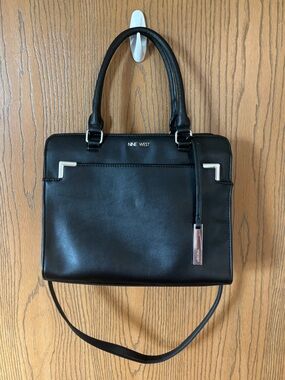 Nine West Black Leather Top-Handle Satchel Purse with Shoulder Strap